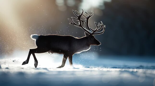 Reindeer silhouette running snow sunrise backlight with antler snowflake spray dusk snow motion winter forest deer cold wildlife outdoors landscape