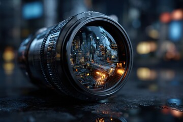 Vintage camera lens reflecting futuristic cityscape  time travel theme