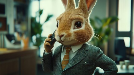 Anthropomorphic rabbit in a suit talking on a phone in an office setting indoors view