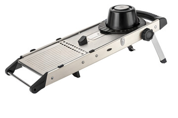 Stainless steel mandoline slicer with adjustable blade and safety features shown