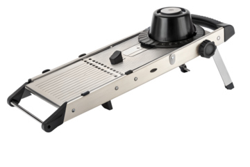 Stainless steel mandoline slicer with adjustable blade and safety features shown