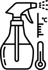 Line icon of a spray bottle and thermometer, symbolizing cleaning, disinfection, temperature measurement, and hygiene control