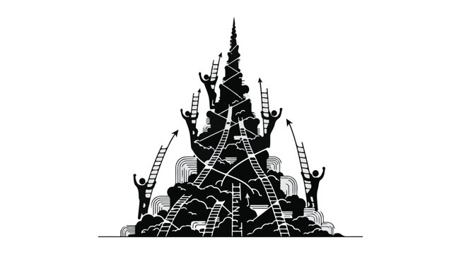Ambitious figures ascend a dark, winding tower of challenges using ladders.