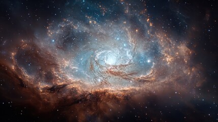 Obraz premium A breathtaking spiral galaxy, showcasing vibrant hues of blue, peach, and brown, dominates the vast expanse of space, a mesmerizing display of cosmic artistry.