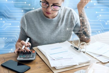 Caucasian woman with invoice bills