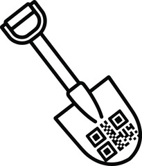 Line art illustration of a shovel with a qr code on its blade, symbolizing digital information, data discovery, or modern excavation