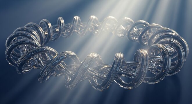 Luminous reflective intertwined helical rings form a circular structure bathed in light rays on a dark blue background
