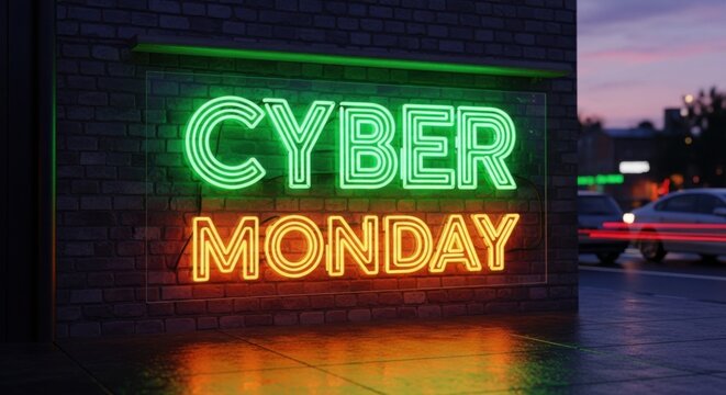 Bright neon Cyber Monday sign for online shopping sales - Powered by Adobe