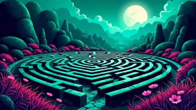 Maze in lush landscape with moonlight