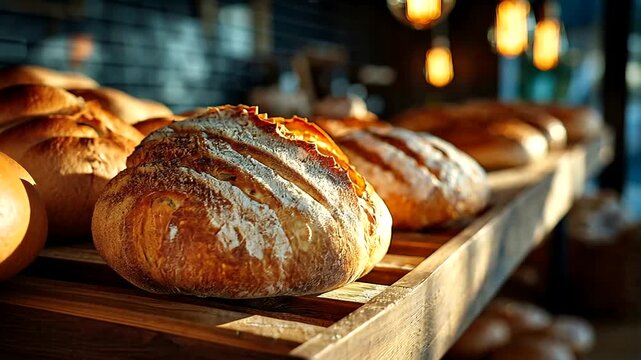 Freshly Baked Rustic Bread Loaves Displayed on Wooden Shelf in Cozy Bakery Setting