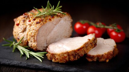 A piece of meat is cut in half and surrounded by fresh herbs and tomatoes