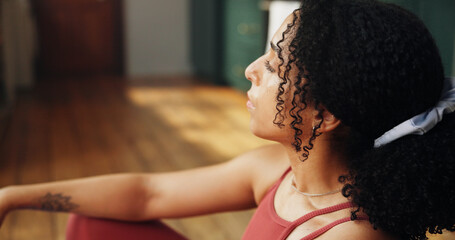 Thinking, African woman and yoga at house with vision, fitness break and ideas for inner peace....