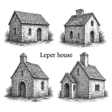 Medieval leper house buildings with simple stone structures in vintage engraving style, Transparent Background