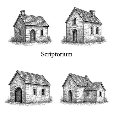 Medieval scriptorium buildings with stone walls in vintage engraving style, Transparent Background