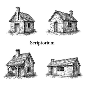 Medieval scriptorium buildings with stone walls in vintage engraving style, Transparent Background