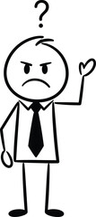 Confused stick figure businessman with questioning expression, puzzled gesture illustration representing doubt, problem solving, frustration and workplace decision-making concept