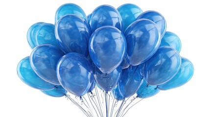Fototapeta premium A vibrant cluster of glossy, deep-blue balloons fills the image's foreground, against a plain white background. The translucent balloons create a celebratory and festive atmosphere.