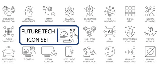 Future Technology line icon set. Covers AI, Quantum Computing, Neural Networks, Autonomous Systems, and Cyber Connectivity