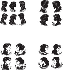 Classic romantic Cameo portrait silhouettes featuring graceful women and handsome gentleman black and white arwork