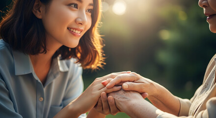 Young woman smiling warmly holding hands with another person outdoors in a sunny park setting conveying friendship trust and happiness in a natural environment