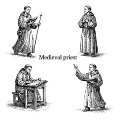 Fototapeta premium Medieval priest figures performing religious duties in vintage engraving style, Transparent Background