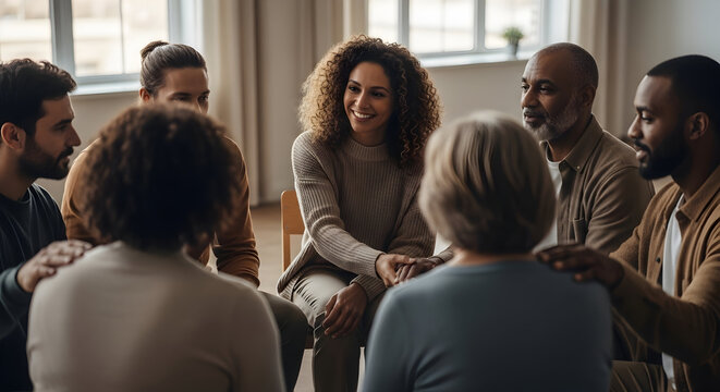 Diverse group of people engaging in a supportive and friendly discussion in a bright modern office setting for teamwork and collaboration