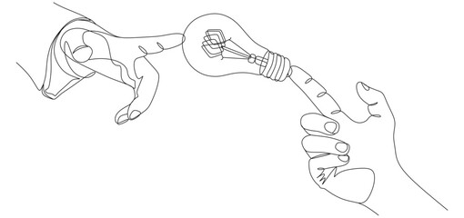 Hands touching light bulb continuous line drawing eps 3