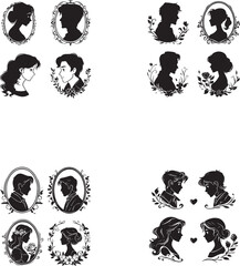 Classic romantic Cameo portrait silhouettes featuring graceful women and handsome gentleman black and white arwork