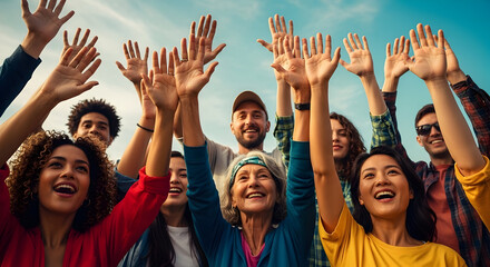 Diverse group of happy people celebrating outdoors with raised hands smiling and enjoying sunny day together in a joyful community gathering or event