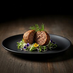 Elegant meatballs served on a black plate with fresh microgreens.