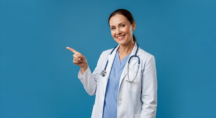 Smiling female doctor in white coat with stethoscope pointing to the side against a blue background for healthcare medical professional advertising and hospital promotion