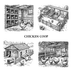 Chicken coop interior scenes with hens and nesting areas in vintage engraving style, Transparent Background © SenorPinky