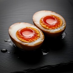 Two halves of a marinated egg on a dark textured surface.
