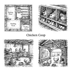 Chicken coop interior scenes with hens and nesting areas in vintage engraving style, Transparent Background © SenorPinky