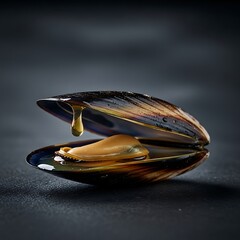 Single open mussel with a drop of oil on a dark surface.