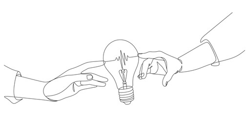 Hands touching light bulb continuous line drawing eps 1