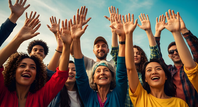Diverse group of happy people celebrating outdoors with raised hands smiling and enjoying sunny day together in a joyful community gathering or event - Powered by Adobe