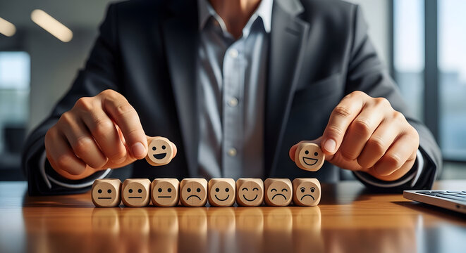 Businessman arranging wooden smiley face tokens in a row at office desk representing teamwork and positive communication in a professional environment