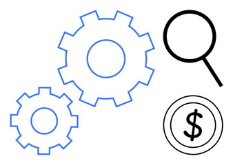 Blue gears, black magnifying glass, and coin with dollar sign emphasize process optimization, financial analysis, business growth, problem-solving, innovation, cost management, and decision-making