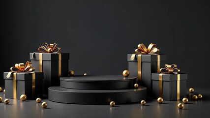 Beautifully wrapped gifts in black boxes, ornaments creating magical holiday atmosphere. Suitable for Christmas campaigns, zoom out, rotation