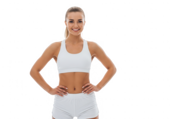 Confident young fit woman posing in white sportswear, promoting health, fitness, and active living.
