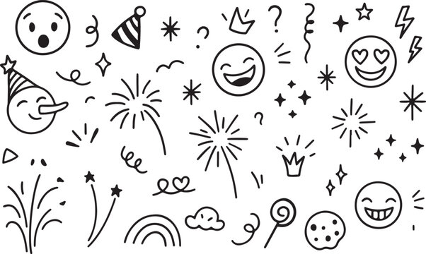 Set of sketch birthday celebration elements. Cute line doodle emoji, fireworks, sparks, rainbow, stars, confetti. Squiggle drawings vector illustration black and white  - Powered by Adobe