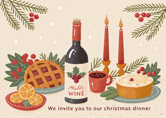 Christmas Dinner Invitation Vector Illustration. Festive Holiday Meal with Mulled Wine and Pudding. Merry Christmas and Happy New Year Dinner invitation card. Winter Holiday Celebration.