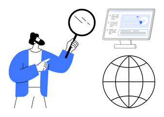 Businessperson with magnifying glass examining details, computer with analytics, and abstract globe. Ideal for data analysis, global reach, research, innovation, technology, strategy simple flat