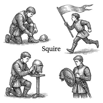 Medieval squire vintage black and white engraving