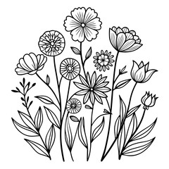 meadow flower line art on white background