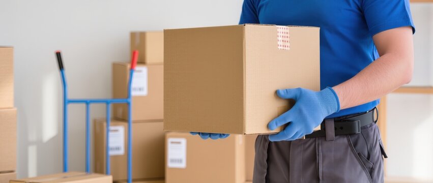 Mover in blue uniform and gloves carrying a box near a hand truck.