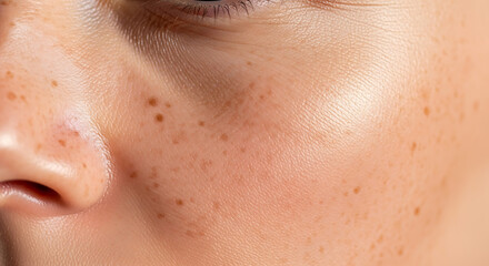 Close up view of human skin showing freckles and texture details.