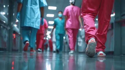 Medical professionals in uniform walk down a hospital corridor, a view of their legs and feet.