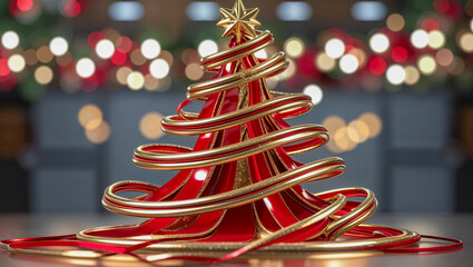 AI-generated image of spiralling red and gold gift ribbons Christmas tree spreading the Christmas spirit